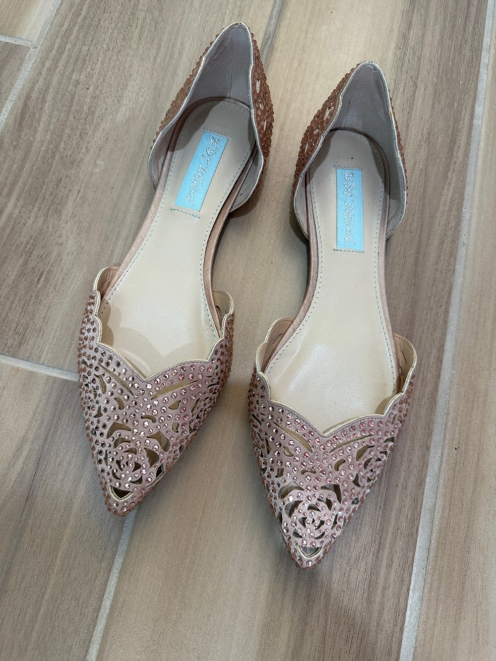 Betsey Johnson Nude Pink Laser-Cut Crystal Flats